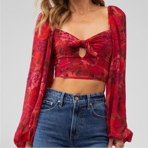 🔆 For Love And Lemons Red Puff Sleeve Trisha Crop Top - Picture 1 of 3